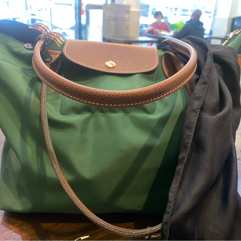 LONGCHAMP Frm ROMANIA GENUINE DEEP GREEN BROWN NYLON LEATHER GORG TOTE Bag LUX - Picture 7 of 13